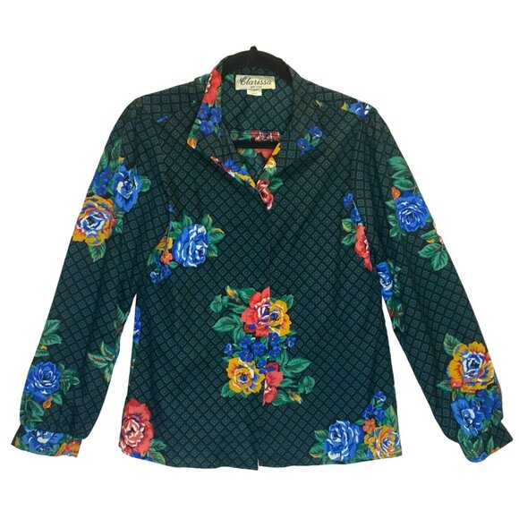 Vintage Clarissa Floral Black Button Up Blouse Shirt Womens Size 8 Secretary 80s - Picture 1 of 9